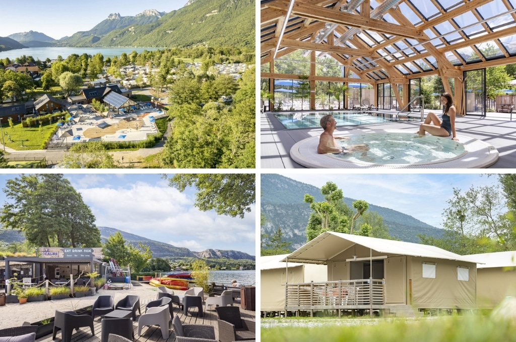 fotocollage van Camping La Nublière aan het meer van Annecy met een luchtfoto van de camping, een foto van de spa, een foto van het lege terras aan het water, en een foto van een lodge tent