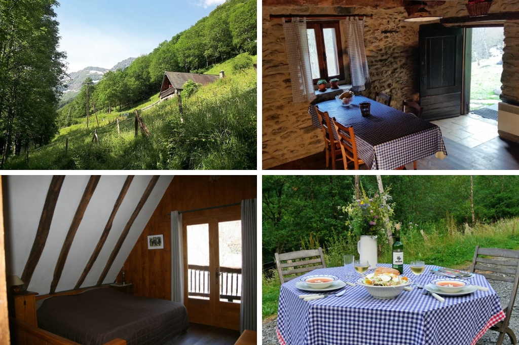 fotocollage van een natuurhuisje in Bonac-Irazein met een foto van het huisje gelegen tegen de heuvel, een foto van de eetkamer met stenen muren, een foto van de slaapkamer op de zolder en een foto van een gedekte tafel met soep, wijn, brood en salade en een geblokt tafelkleed