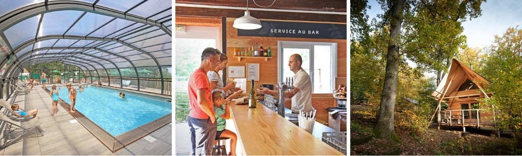 fotocollage van Camping Huttopia Wattmiller met een foto van het binnenzwembad waarin kinderen zwemmen, een foto van de bar met een barman en gezin dat bestelt, en een foto van een canvas glamping tent