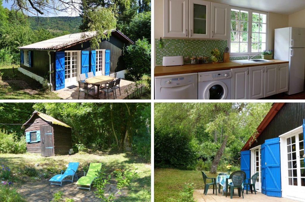 fotocollage van een houten chalet in Roquefort-de-Sault  met een foto van de buitekant van het huisje en het terras, een foto de keuken met houten blad en witte kastjes, een foto van een groene en een blauwe ligstoel in de tuin, en een foto van het terras met groene plastic stoelen en tafel met tafelkleed