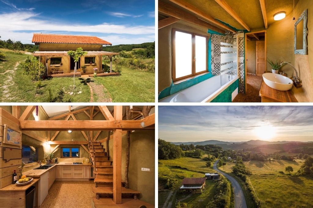 fotocollage van een natuurhuisje in Belloc met een foto van de buitenkant van het huis met terras, een foto van de badkamer met bad, wasbak en spiegel, een foto van de keuken met aan de rechter zijkant een houten trap naar de eerste verdieping en een luchtfoto van het huisje en zijn omgeving