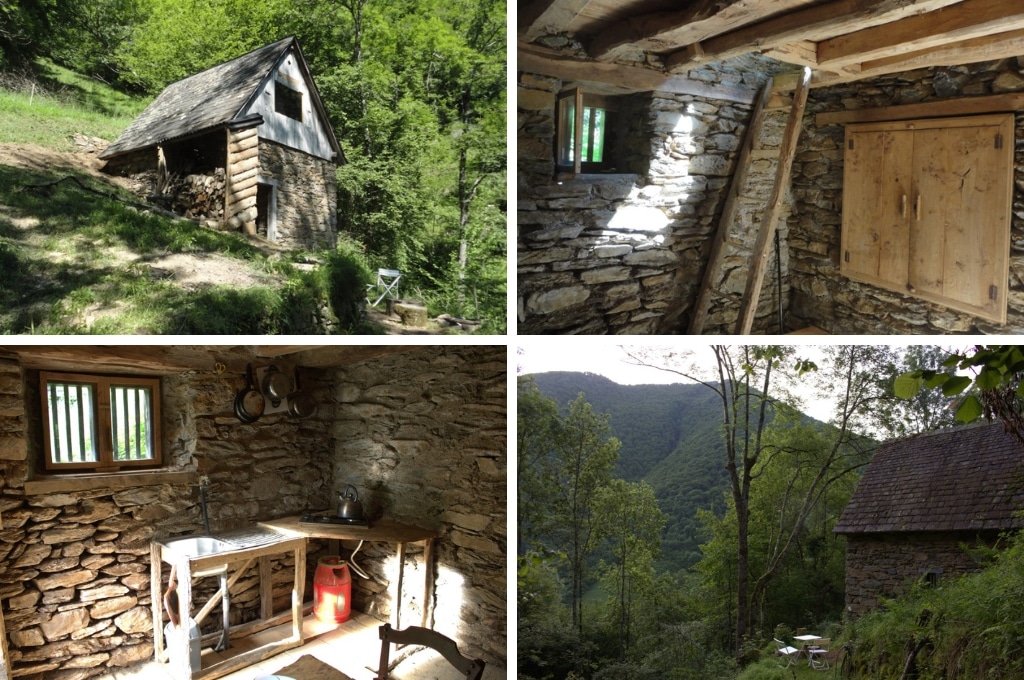 fotocollage van een natuurhuisje in La Parade met een foto van de buitenkant van het kleine stenen huis, een foto van een houten ladder in het huis naar de zolder, een foto van het keukentje, en een foto van de zijkant van het huis met daarvoor het terras en uitzicht op een groen berg