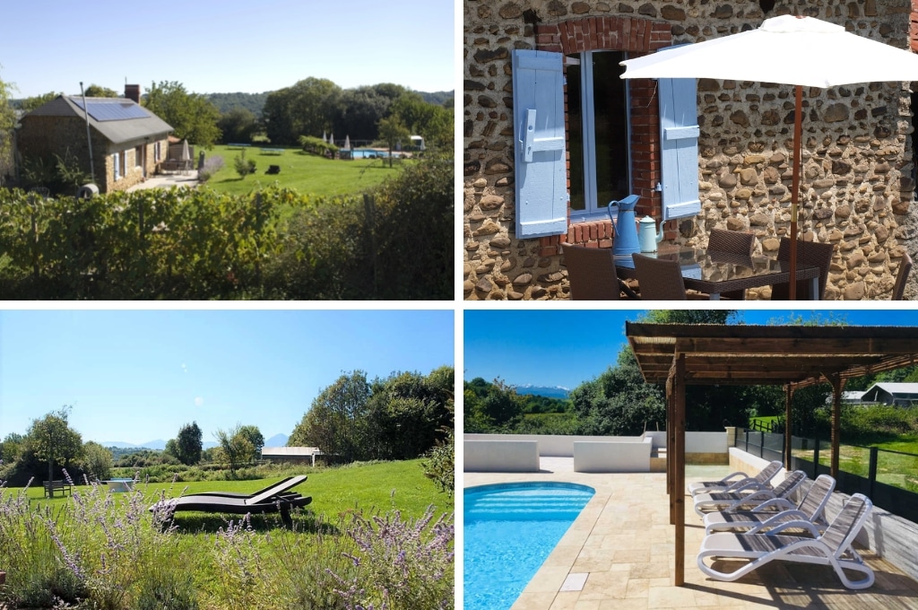 fotocollage van een natuurhuisje in Mascaras met een foto van de gîte gelegen aan de tuin met zwembad en trampolines, een foto van de eettafel en parasol naast het stenen huisje, een foto van lege zonnebedjes in de tuin, en een foto an lege zonnebedjes aan het zwembad