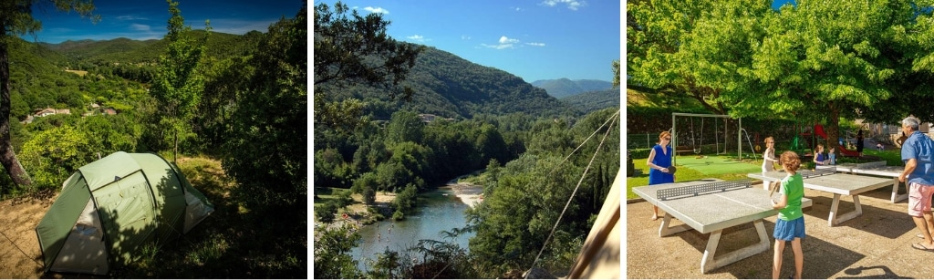 fotocollage van Camping Cévennes Provence met een foto van een klein tentje met uitzicht op de vallei, een foto van de rivier waaraan de camping ligt, en een foto van een gezin dat aan het pingpongen is bij twee tafeltennistafels op de camping