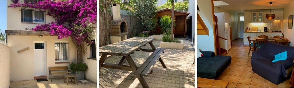 Fotocollage van een vakantiehuis in Argelès-sur-Mer met een foto van de voordeur, een foto van een picknicktafel in de tuin en een foto van de eetkamer en keuken.