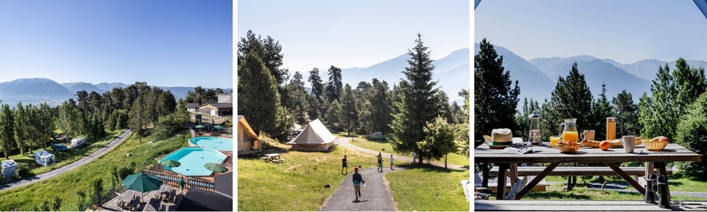 fotocollage van Huttopia Font Romeu met een foto van het terrein met zwembad, een foto van kinderen die een pad aflopen op het terrein, en een foto van een gedekte picknicktafel met sinaasappelsap en gekookte eitjes