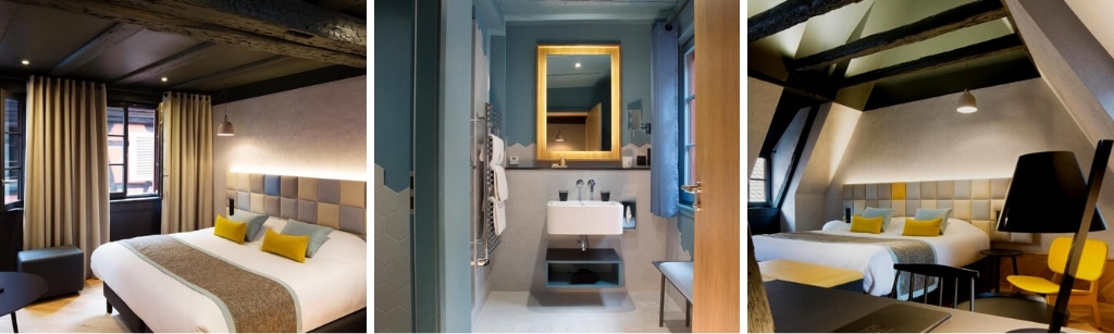 fotocollage van Hotel Le Colombier Suites in Colmar met links en rechts een foto van een eenvoudige, maar luxe uitstralende kamer, en in het midden een foto van een stijlvolle badkamer met veel blauw.